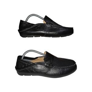 Go Tour Mens Black Leather Perforated Slip On Driving Loafers Size 10